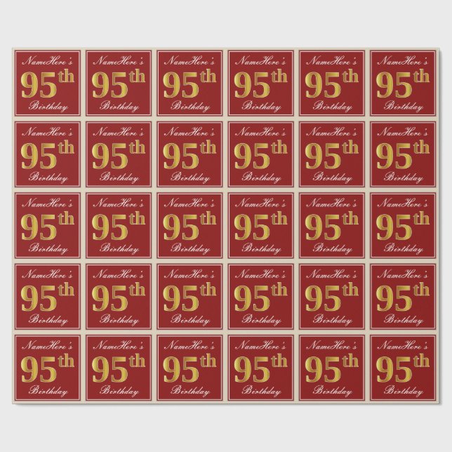 Elegant, Red, Faux Gold 95th Birthday; Custom Name Wrapping Paper (Flat)