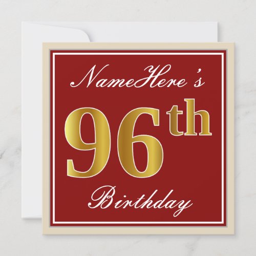 Elegant Red Faux Gold 96th Birthday Custom Name Invitation