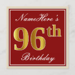 [ Thumbnail: Elegant, Red, Faux Gold 96th Birthday; Custom Name Invitation ]