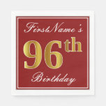 [ Thumbnail: Elegant Red, Faux Gold 96th Birthday + Custom Name Napkins ]