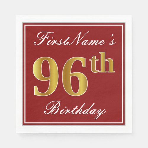 Elegant Red Faux Gold 96th Birthday  Custom Name Paper Napkins