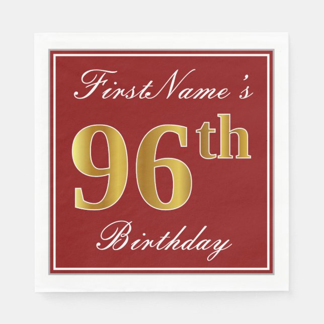 Elegant Red, Faux Gold 96th Birthday + Custom Name Paper Napkins (Front)