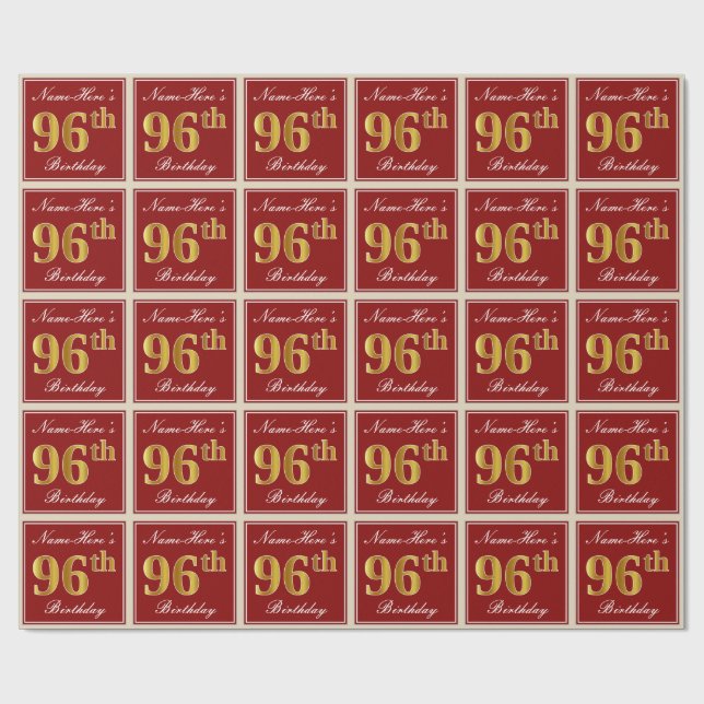 Elegant, Red, Faux Gold 96th Birthday; Custom Name Wrapping Paper (Flat)