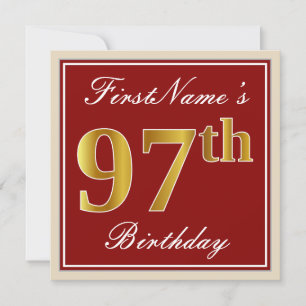 Elegant, Red, Faux Gold 97th Birthday; Custom Name Invitation