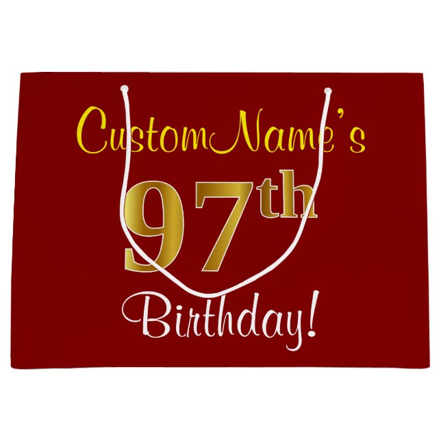 Elegant, Red, Faux Gold 97th Birthday; Custom Name Large Gift Bag (Front)