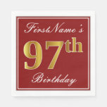 [ Thumbnail: Elegant Red, Faux Gold 97th Birthday + Custom Name Napkins ]