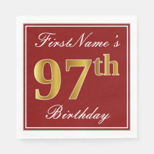 Elegant Red, Faux Gold 97th Birthday + Custom Name Napkins
