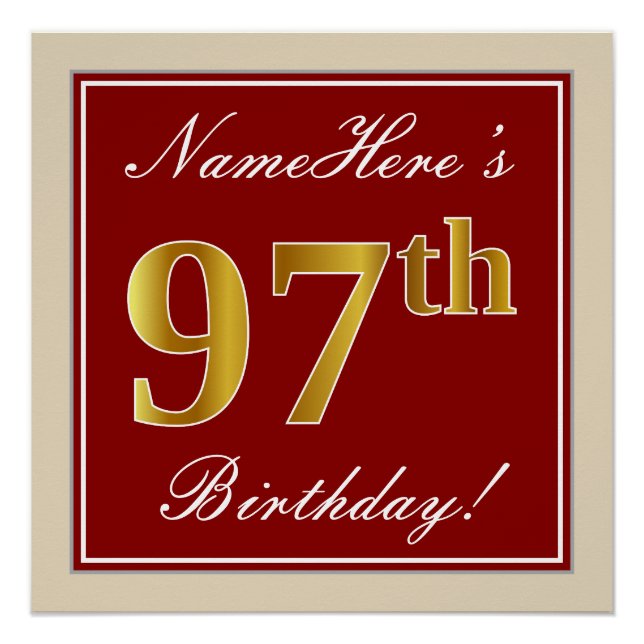 Elegant, Red, Faux Gold 97th Birthday; Custom Name Poster (Front)