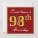 [ Thumbnail: Elegant, Red, Faux Gold 98th Birthday; Custom Name Invitation ]