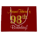 [ Thumbnail: Elegant, Red, Faux Gold 98th Birthday; Custom Name Gift Bag ]