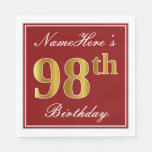 [ Thumbnail: Elegant Red, Faux Gold 98th Birthday + Custom Name Napkins ]