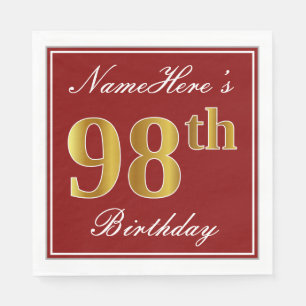 Elegant Red, Faux Gold 98th Birthday + Custom Name Paper Napkins