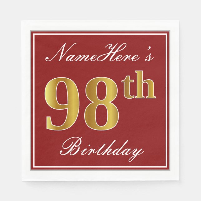 Elegant Red, Faux Gold 98th Birthday + Custom Name Paper Napkins (Front)