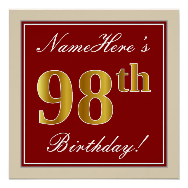 Elegant Red Faux Gold 98th Birthday Custom Name Poster Zazzle