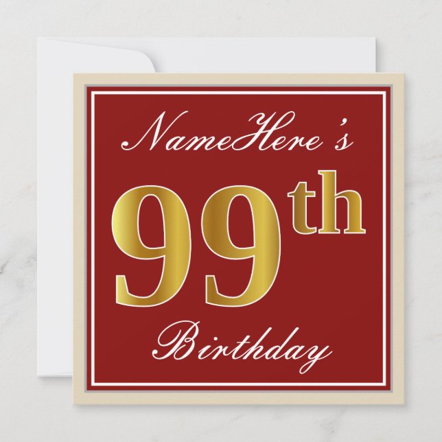 Elegant, Red, Faux Gold 99th Birthday; Custom Name Invitation (Front)