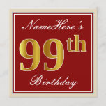 [ Thumbnail: Elegant, Red, Faux Gold 99th Birthday; Custom Name Invitation ]