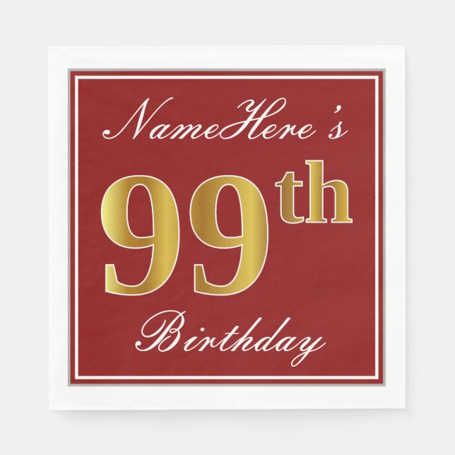 Elegant Red, Faux Gold 99th Birthday + Custom Name Paper Napkins (Front)