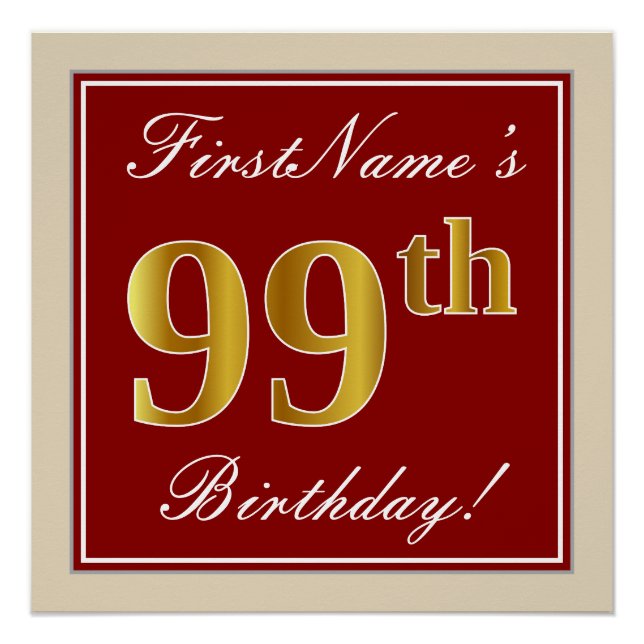 Elegant, Red, Faux Gold 99th Birthday; Custom Name Poster (Front)