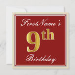 [ Thumbnail: Elegant, Red, Faux Gold 9th Birthday + Custom Name Invitation ]