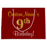 [ Thumbnail: Elegant, Red, Faux Gold 9th Birthday + Custom Name Gift Bag ]