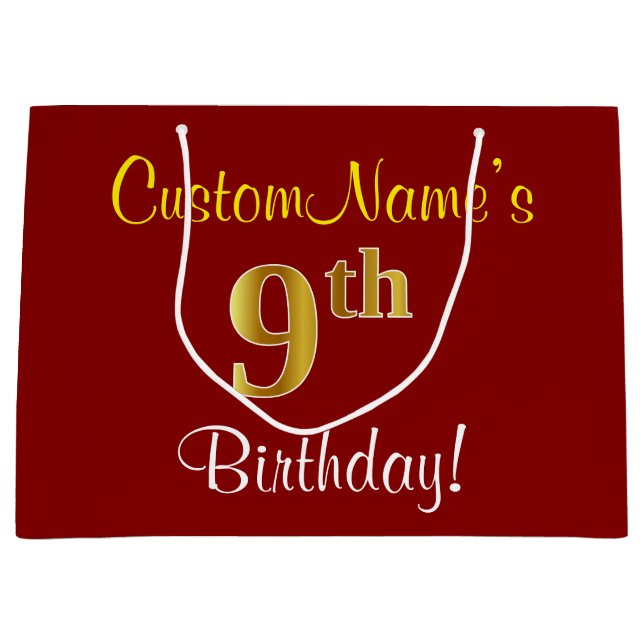 Elegant, Red, Faux Gold 9th Birthday + Custom Name Large Gift Bag (Front)