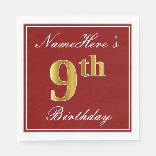 Elegant Red, Faux Gold 9th Birthday + Custom Name Paper Napkins (Front)