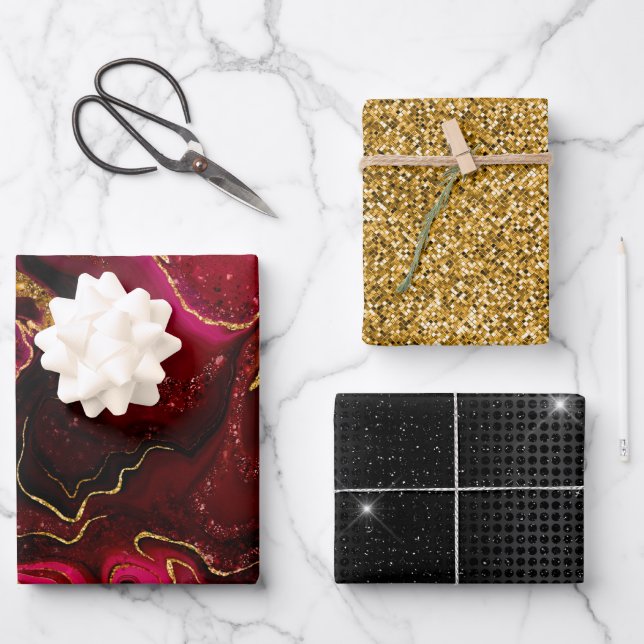 Elegant red faux gold glitter marble art  wrapping paper sheets (Front)