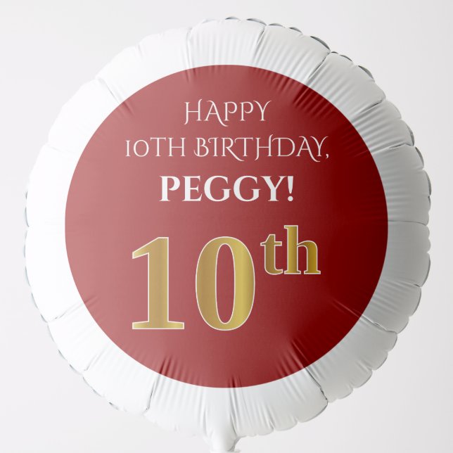 Elegant, Red, Faux Gold Look 10th Birthday Balloon (Front)