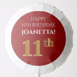 [ Thumbnail: Elegant, Red, Faux Gold Look 11th Birthday Balloon ]