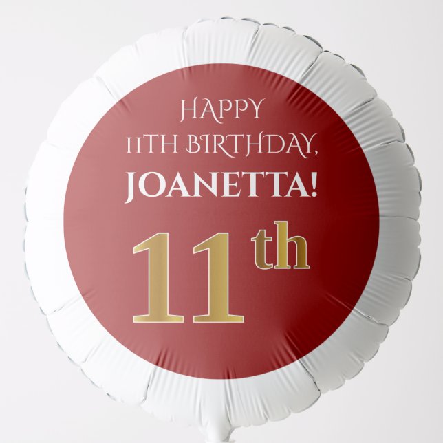 Elegant, Red, Faux Gold Look 11th Birthday Balloon (Front)