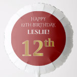 [ Thumbnail: Elegant, Red, Faux Gold Look 12th Birthday Balloon ]