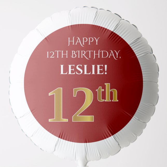 Elegant, Red, Faux Gold Look 12th Birthday Balloon (Front)