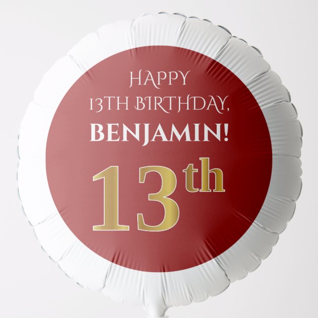Elegant, Red, Faux Gold Look 13th Birthday Balloon (Front)