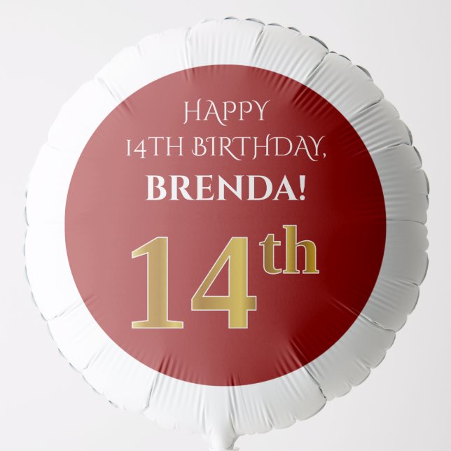 Elegant, Red, Faux Gold Look 14th Birthday Balloon (Front)
