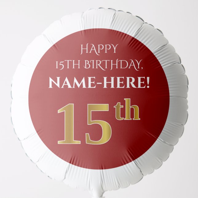 Elegant, Red, Faux Gold Look 15th Birthday Balloon (Front)