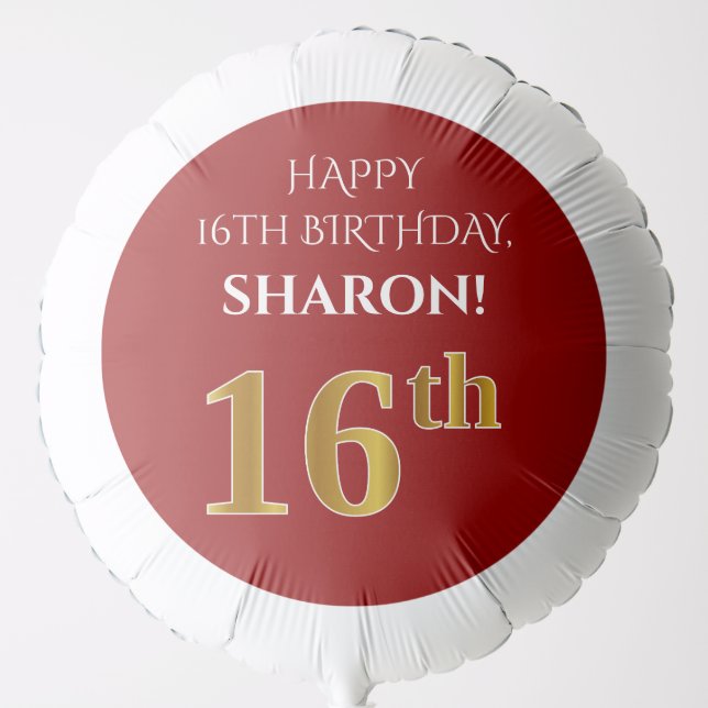 Elegant, Red, Faux Gold Look 16th Birthday Balloon (Front)