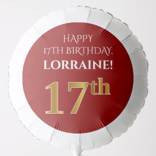 Elegant, Red, Faux Gold Look 17th Birthday Balloon