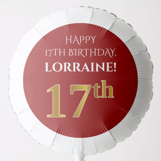 Elegant, Red, Faux Gold Look 17th Birthday Balloon (Front)