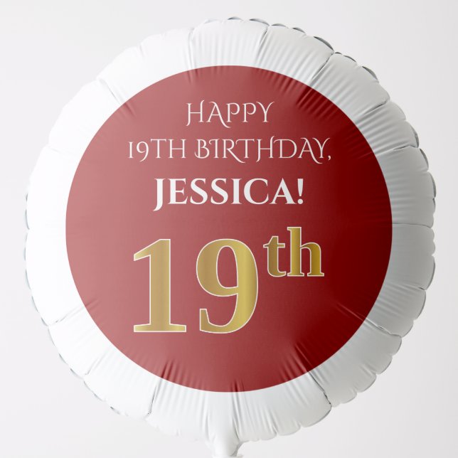 Elegant, Red, Faux Gold Look 19th Birthday Balloon (Front)