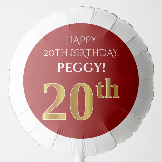 Elegant, Red, Faux Gold Look 20th Birthday Balloon (Front)