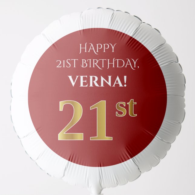 Elegant, Red, Faux Gold Look 21st Birthday Balloon (Front)