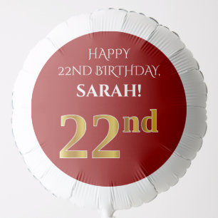 Elegant, Red, Faux Gold Look 22nd Birthday Balloon