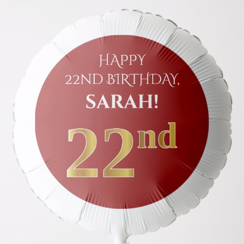 Elegant Red Faux Gold Look 22nd Birthday Balloon
