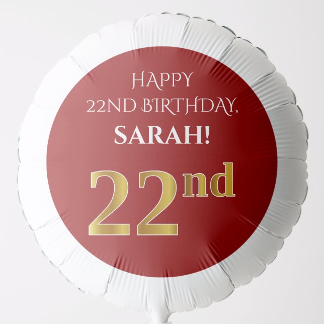 Elegant, Red, Faux Gold Look 22nd Birthday Balloon (Front)