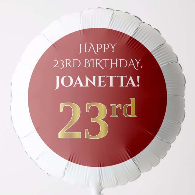 Elegant, Red, Faux Gold Look 23rd Birthday Balloon (Front)