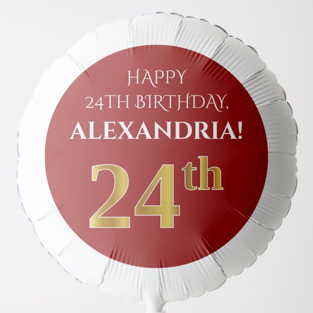 Elegant, Red, Faux Gold Look 24th Birthday Balloon (Front)