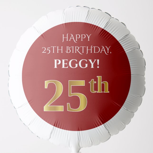 Elegant, Red, Faux Gold Look 25th Birthday Balloon (Front)