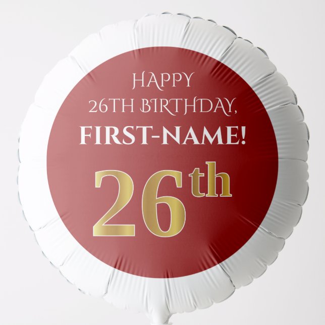Elegant, Red, Faux Gold Look 26th Birthday Balloon (Front)