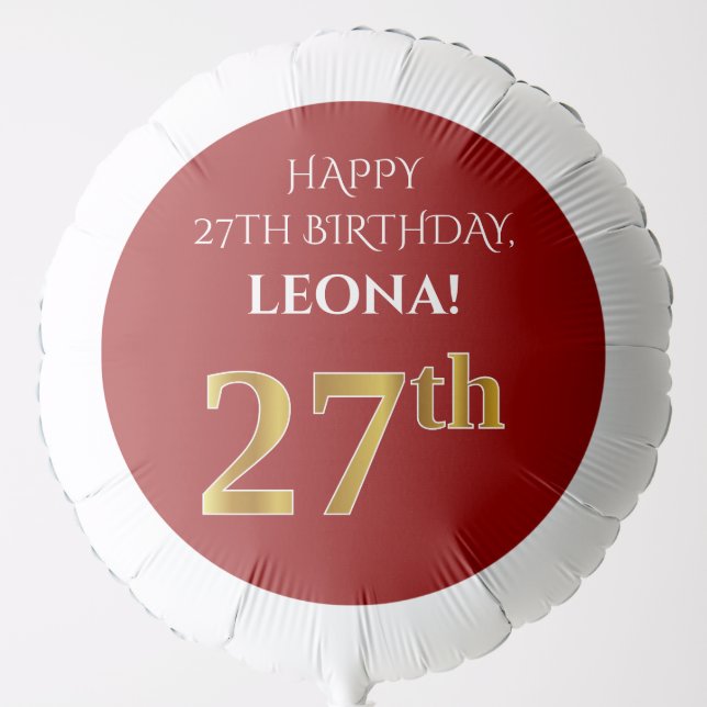 Elegant, Red, Faux Gold Look 27th Birthday Balloon (Front)