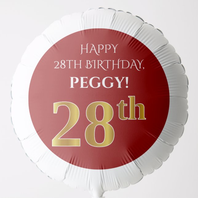 Elegant, Red, Faux Gold Look 28th Birthday Balloon (Front)